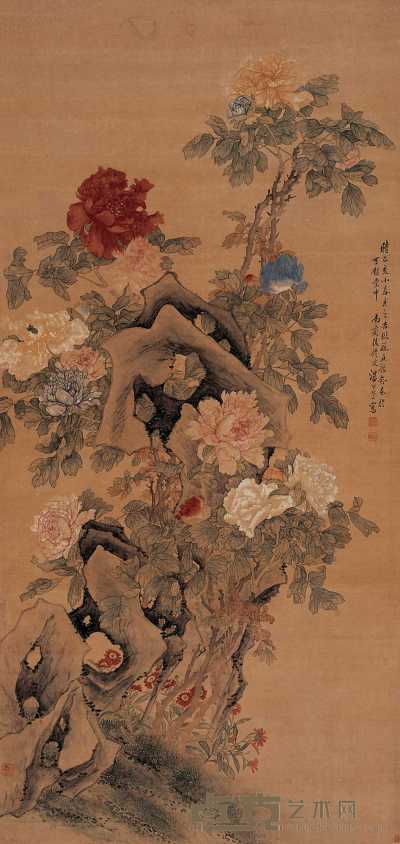 汤世澍 己亥（1899）年作 国色天香 立轴 170×79.5cm